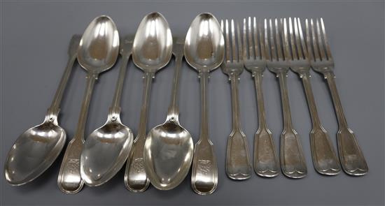 A set of six Victorian silver fiddle and thread pattern tablespoons and five matching table forks, 32.5 oz.